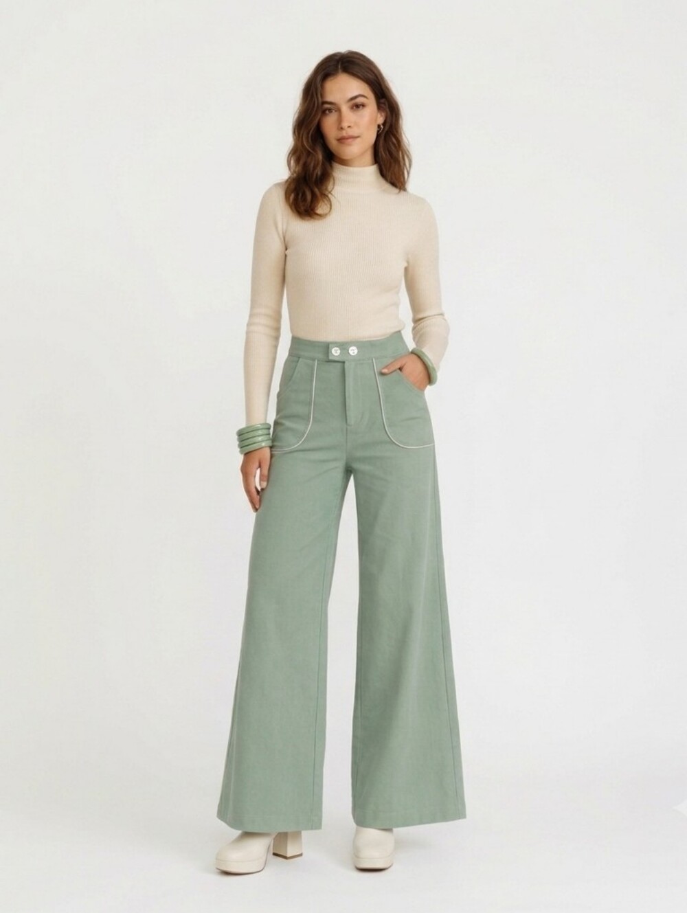 ModCloth Mint Green White Contrast Piping Retro Stretch Wide Leg Trousers - 2